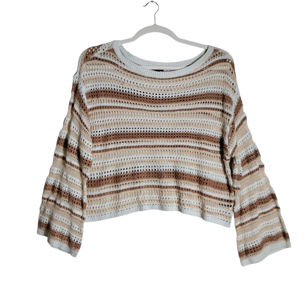 Torrid Striped Open Knit Crochet Cropped Sweater Bell Sleeve Boho Neutral Size 2